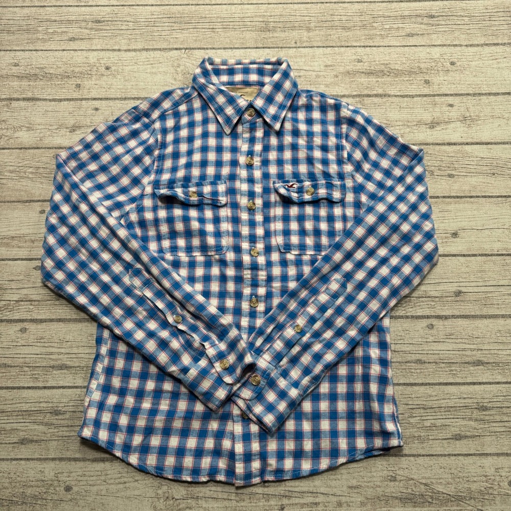 Y2K Hollister Shirt Mens Small Blue Plaid Flannel Long Sleeve Button Down Preppy